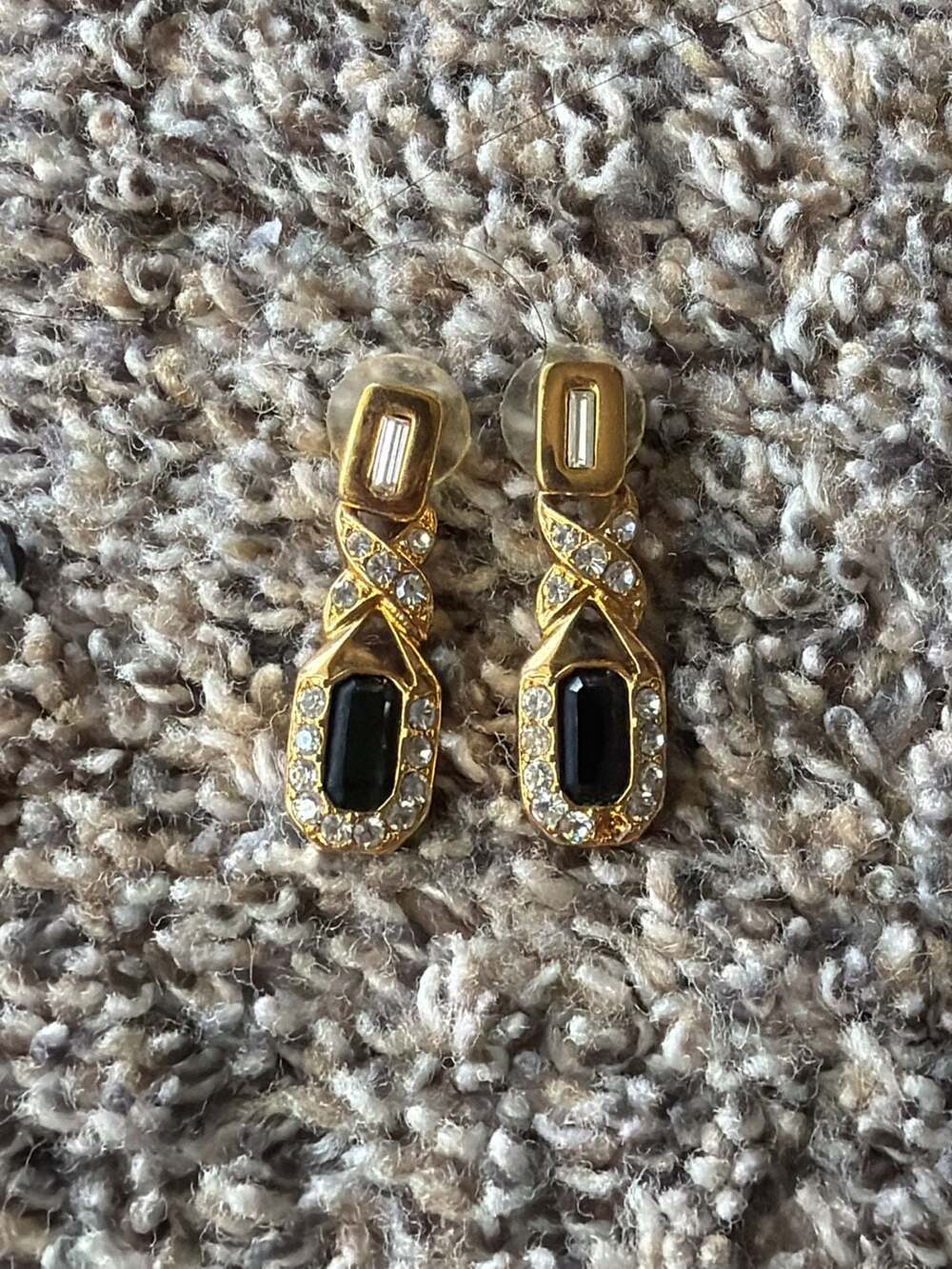 Gold-Tone Drop Earrings with Black Rectangular Stone and Clear Crystal Pave Acce